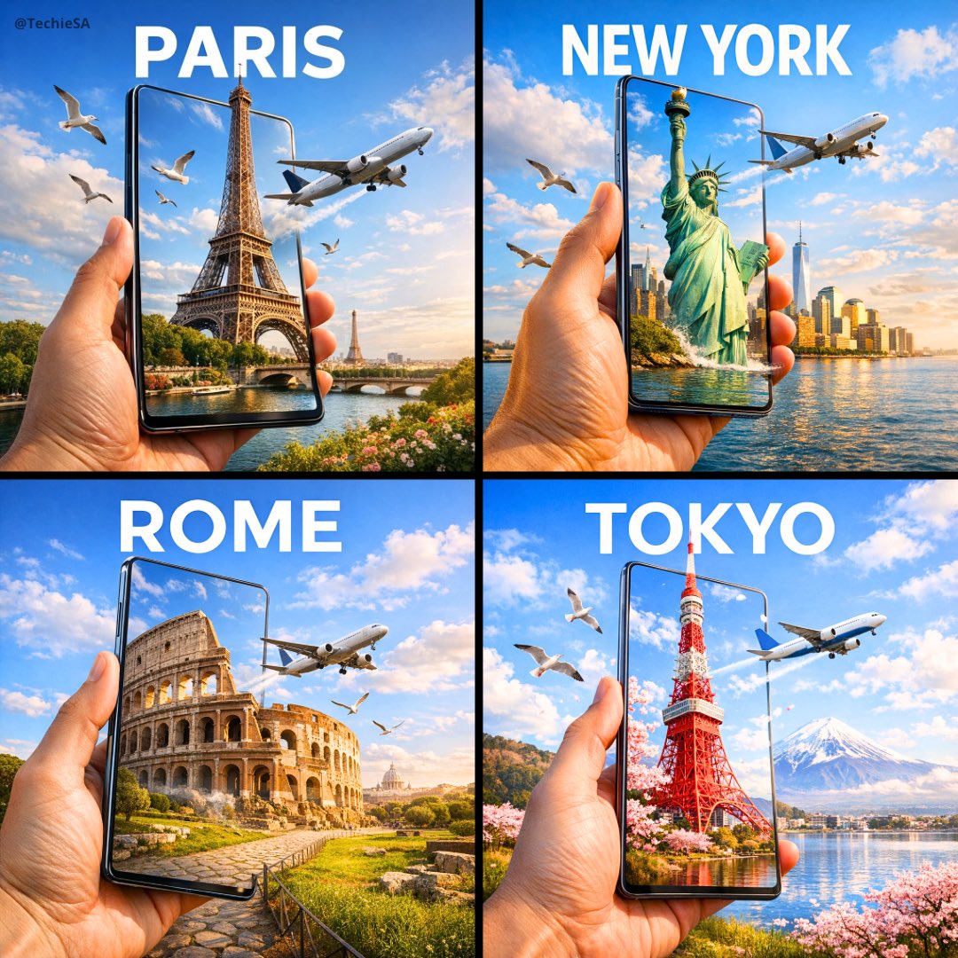 A hyper-realistic travel advertisement in square format (...