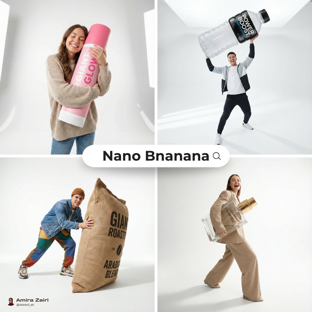 [person], [pose], oversized product in the attached image...
