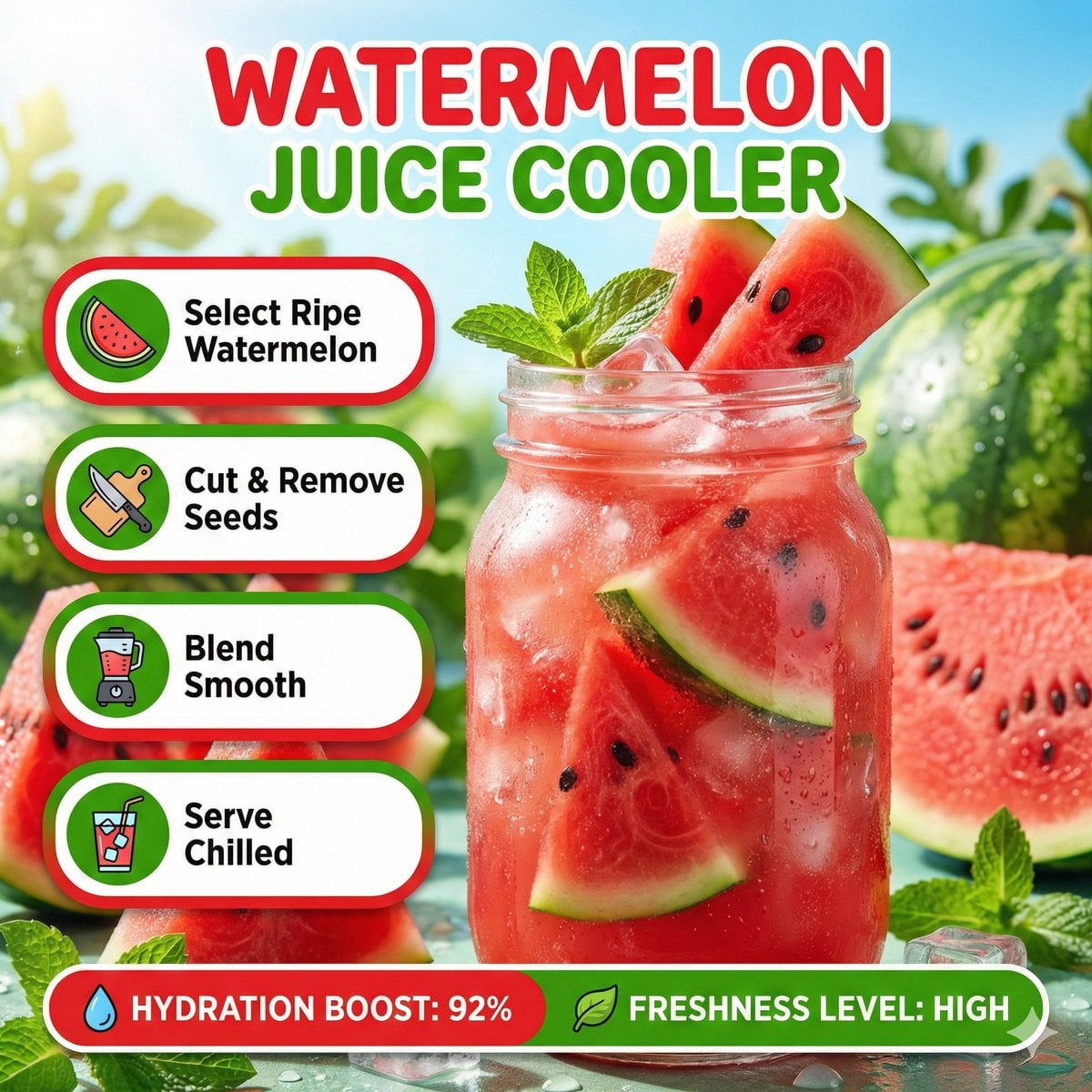 Bright summer infographic showcasing watermelon juice, ic...
