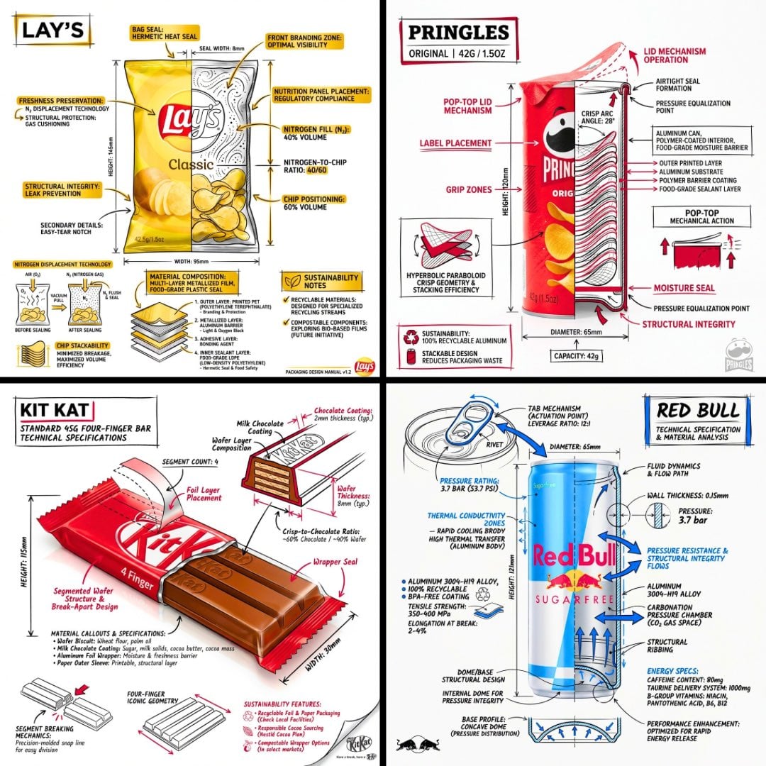 Create a branded technical infographic of a [SNACK], comb...