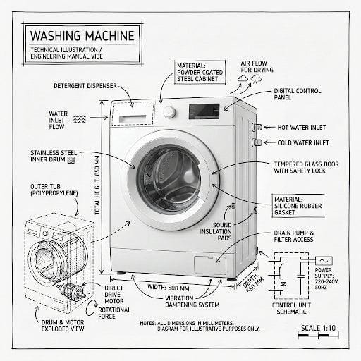 Create an infographic image of [washing machine], combini...
