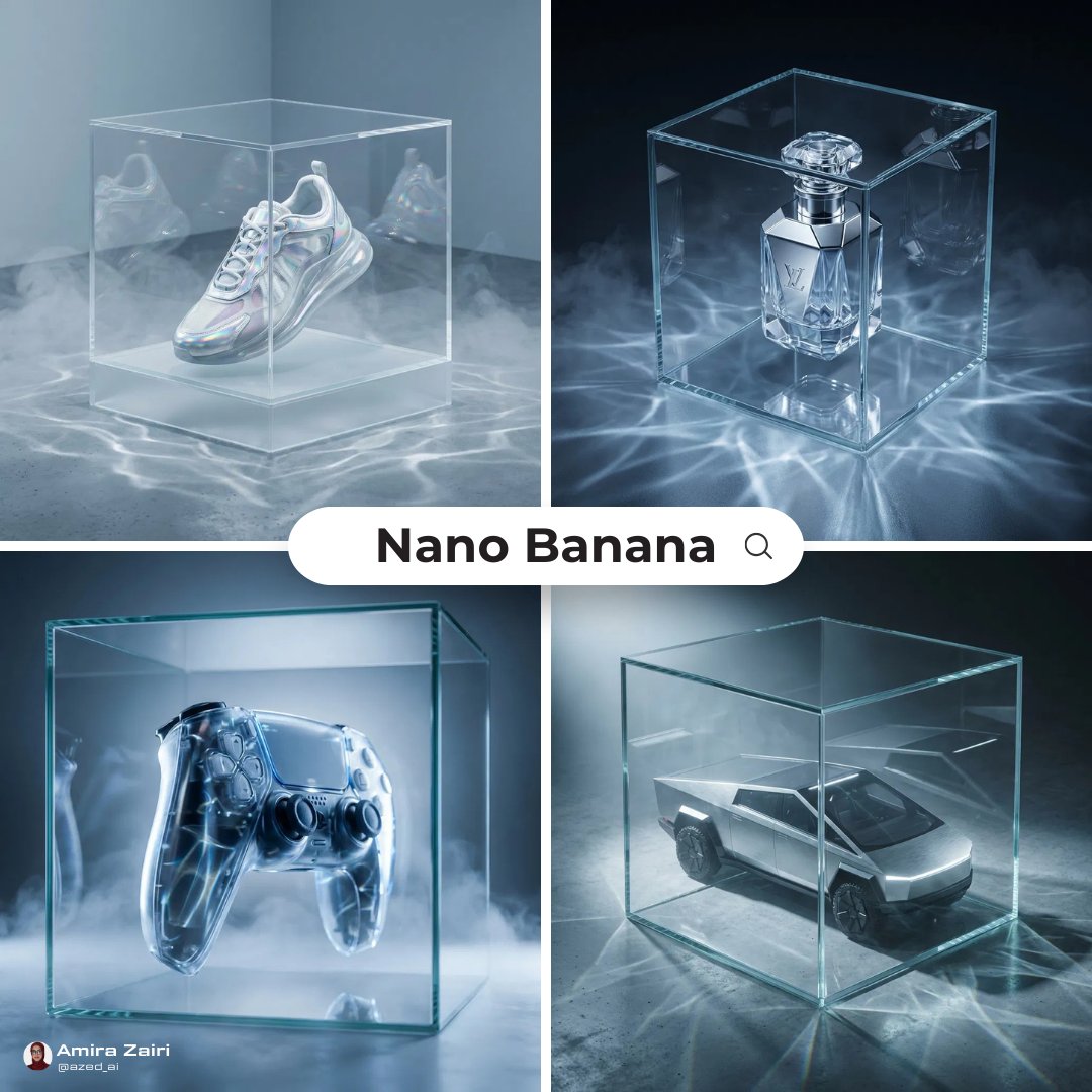 [product], futuristic high-end ad, transparent glass cube...