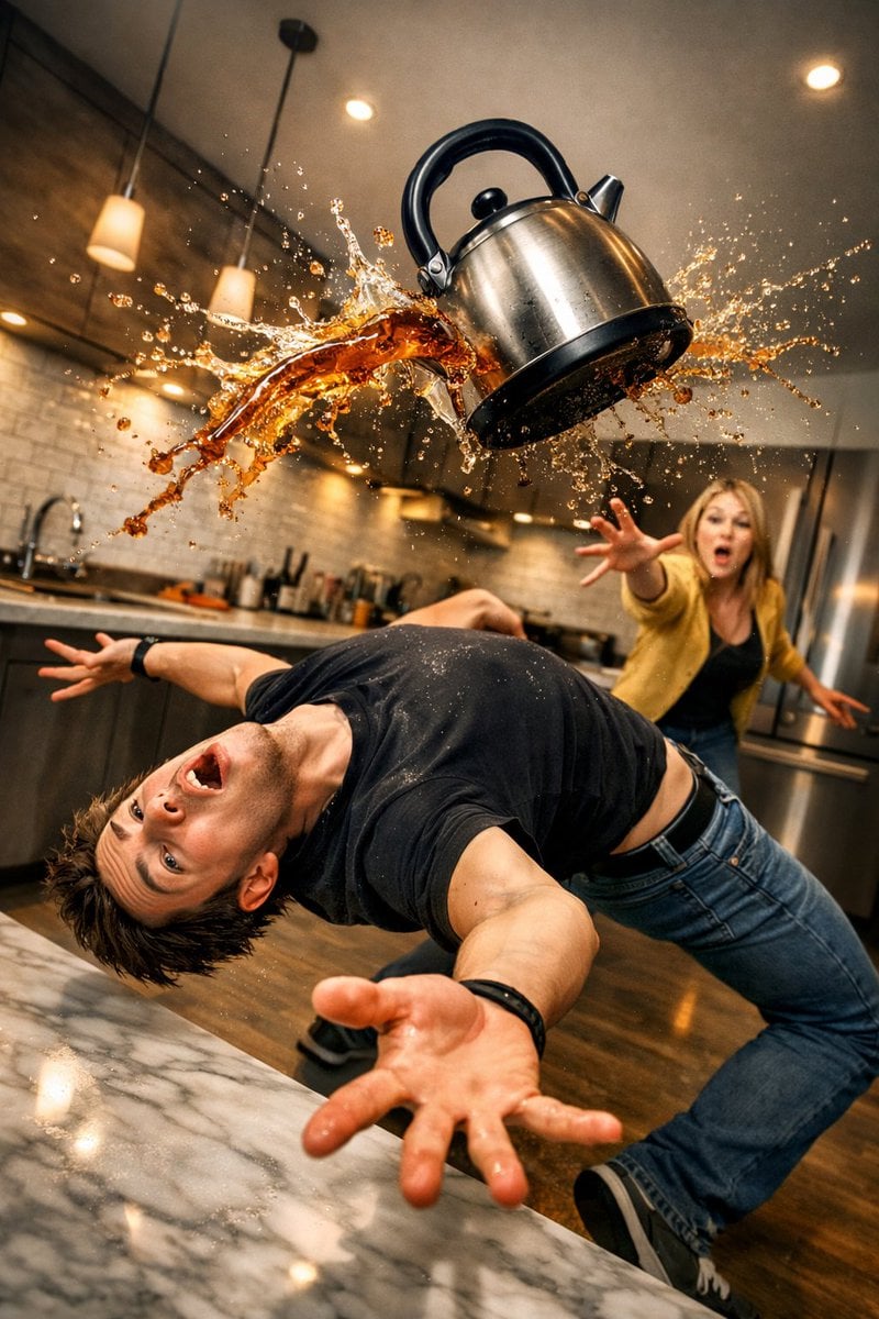 Surreal comedic scene inside a modern kitchen: a young ma...