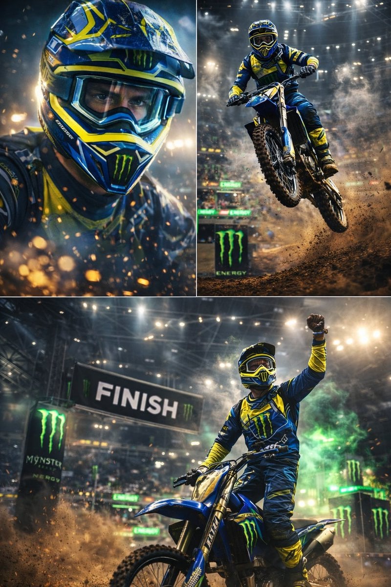 Ultra-dynamic motocross racing scene featuring a professi...