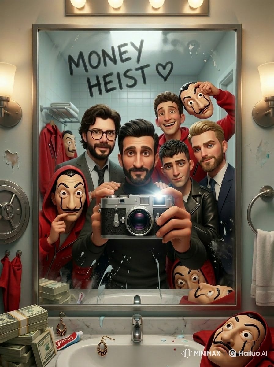 Cinematic mirror selfie scene inspired by a retro 80s sci...