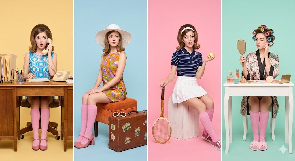 A retro-inspired studio photoshoot featuring a young woma...