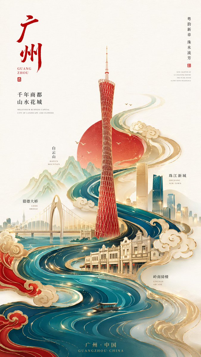 新中式极简风格高端城市海报,9:16竖版构图,以广州为核心主题,画面中心为抽象几何化的广州塔,造型简洁但具有辨识度,