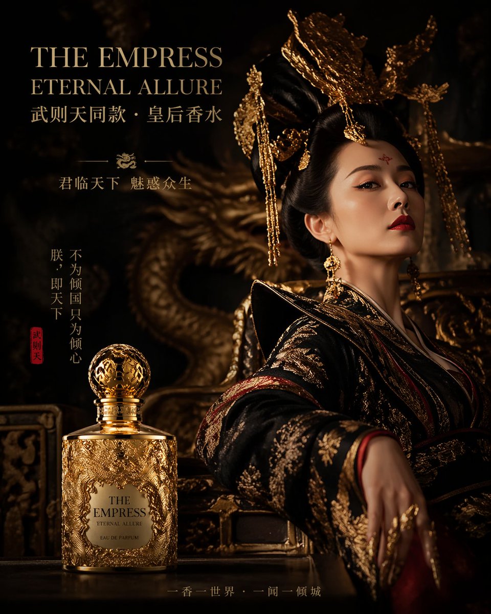 武则天同款皇后香水广告，龙纹金瓶，暗黑宫廷氛围感大片