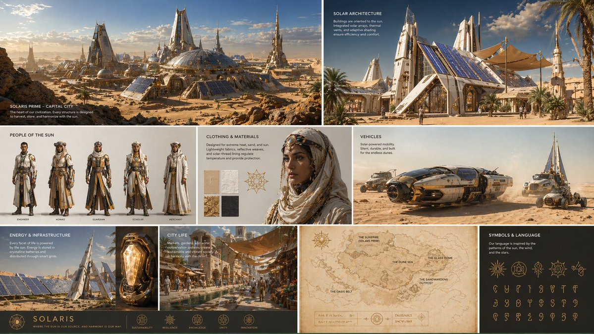 Create a complete visual worldbuilding set for a futurist...