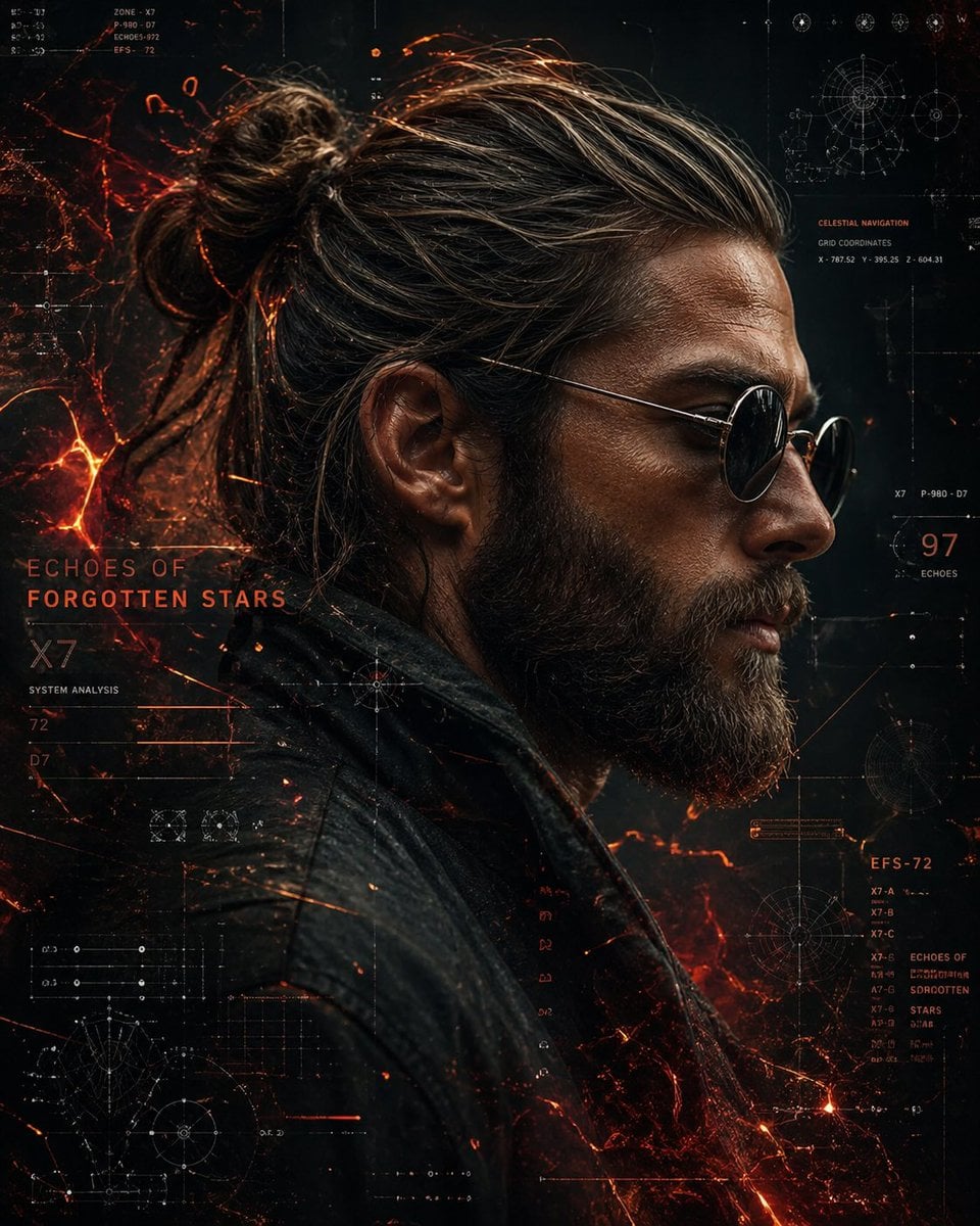 A cinematic side-profile portrait of a rugged man with a ...