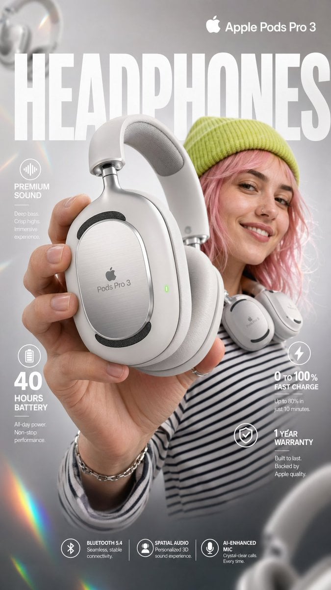 High-impact e-commerce infographic for "Apple Pods Pro 3"