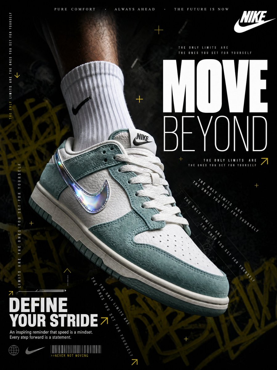 A hyperrealistic Nike sneaker advertisement shot in a dar...