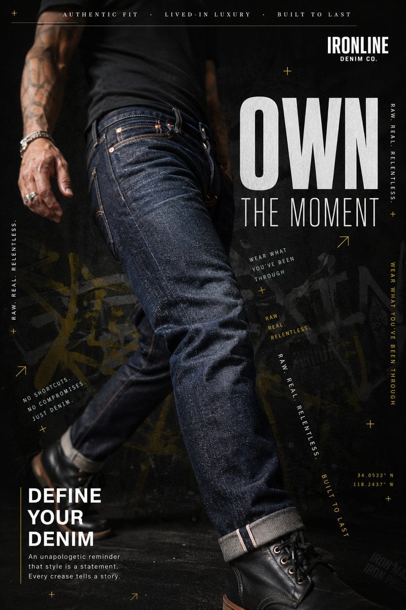 A hyperrealistic premium denim advertisement shot in a da...