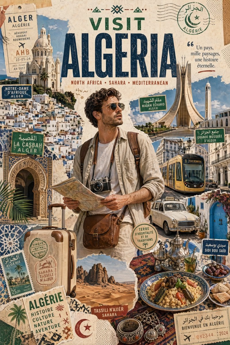 Create a stylized travel poster / graphic collage for [AL...