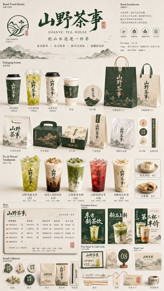 生成一张[餐饮品牌触点矩阵]系列视觉图，用于展示一个完整的餐饮品牌视觉系统与包装应用方案。