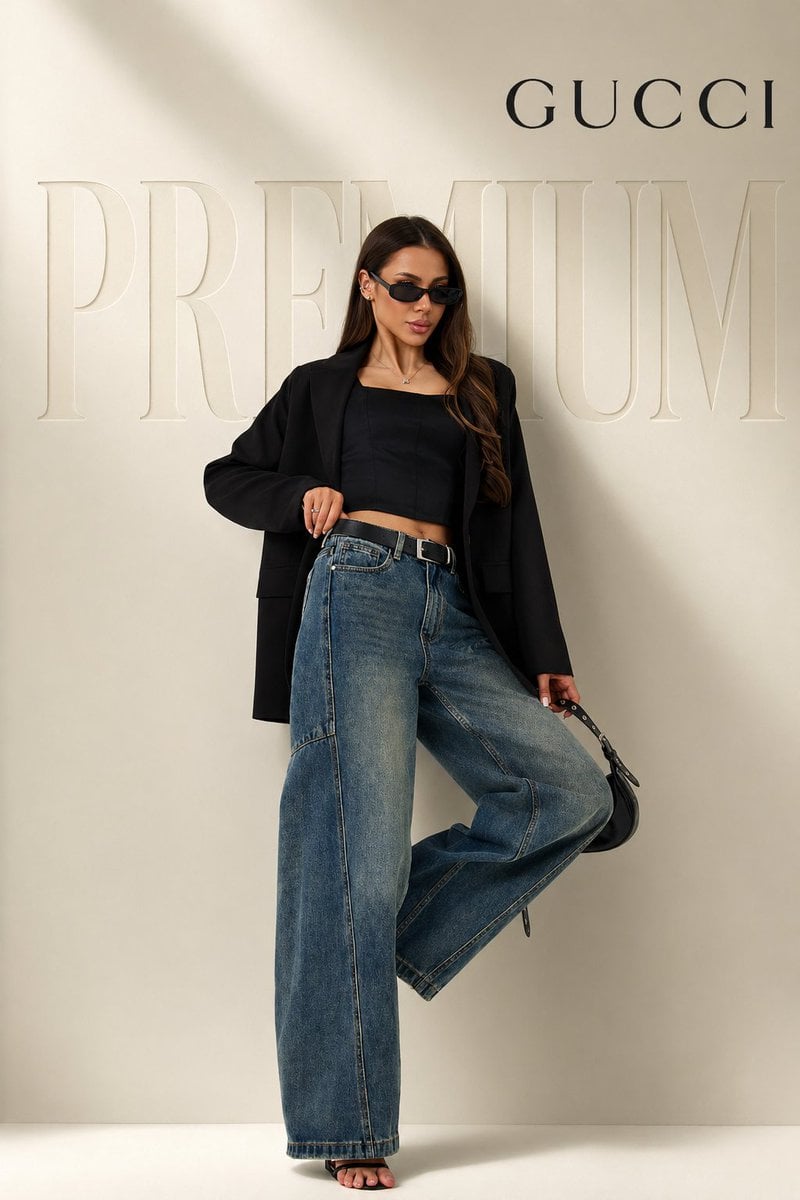 full body female model in confident fashion pose (one leg...