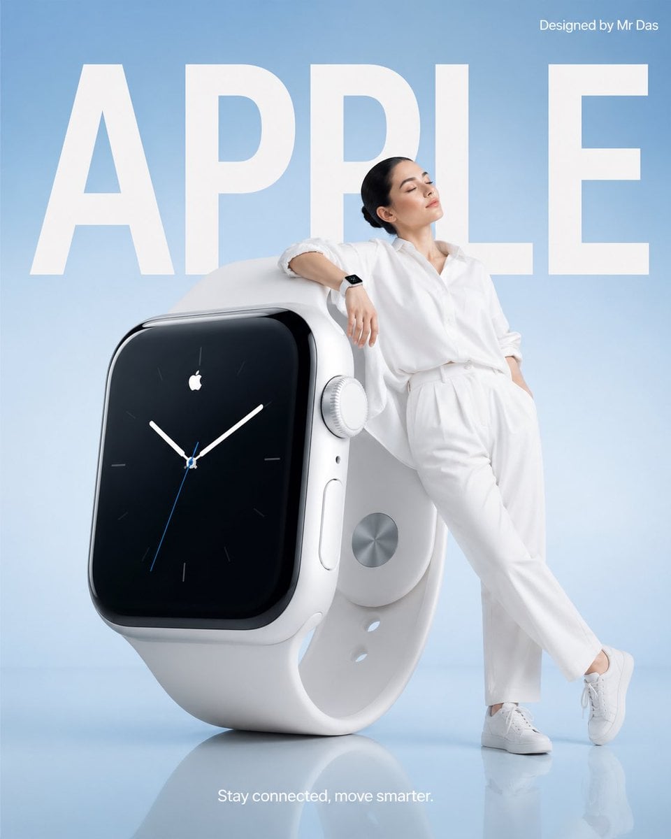 Minimalist commercial ad featuring oversized white smartw...