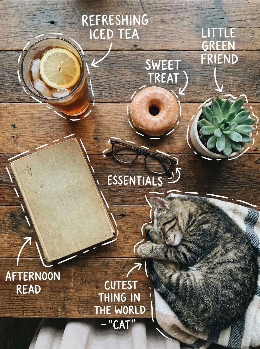 Top-down flat lay on a rustic wooden table, cozy aestheti...
