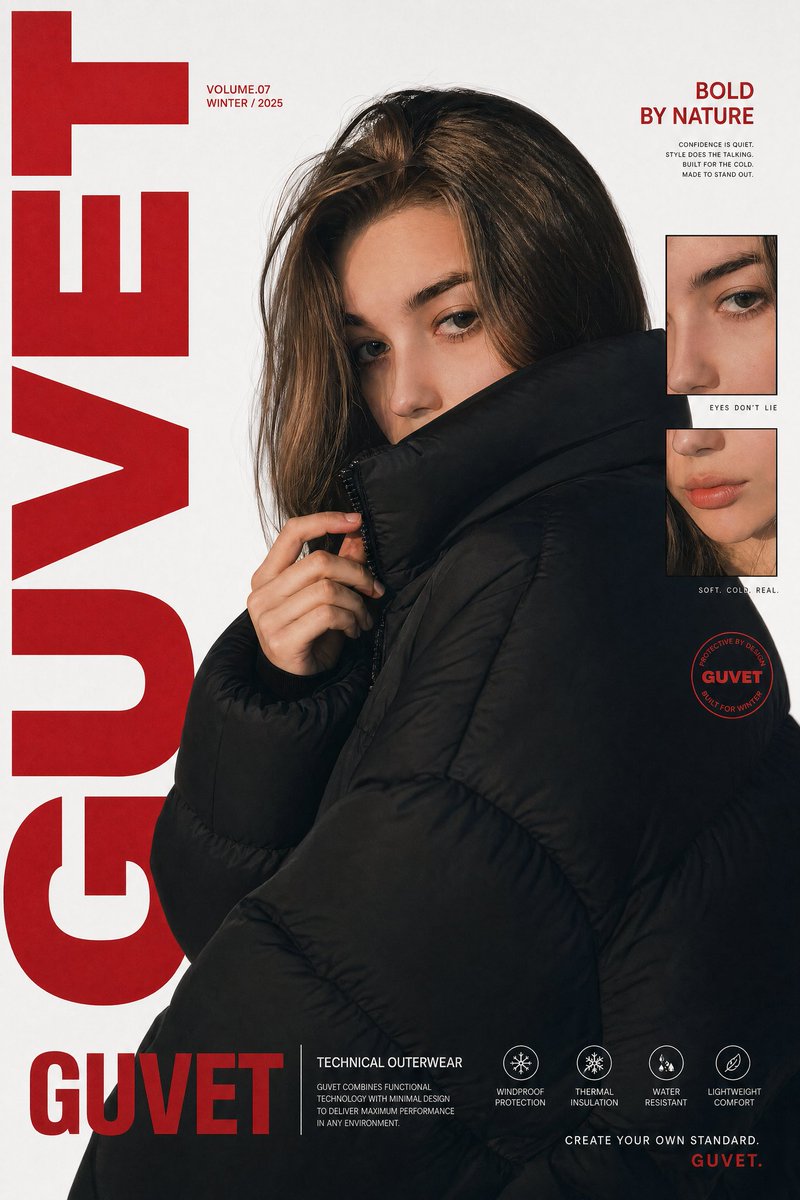 A bold fashion editorial poster featuring a young woman m...