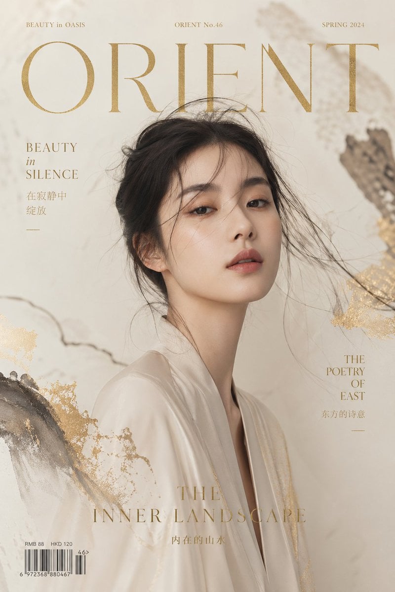 Luxury editorial cover, title "ZEN MODE", featuring a con...