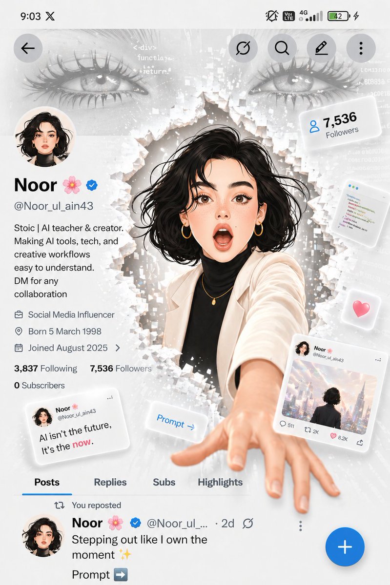 A futuristic social media profile UI in a clean white min...