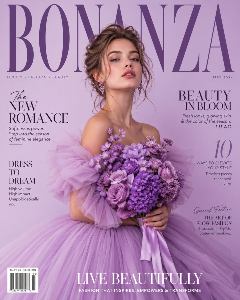 A luxury high-fashion magazine cover in a soft light purp...