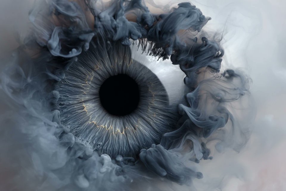 A [subject] emerges from swirling liquid plumes suspended...
