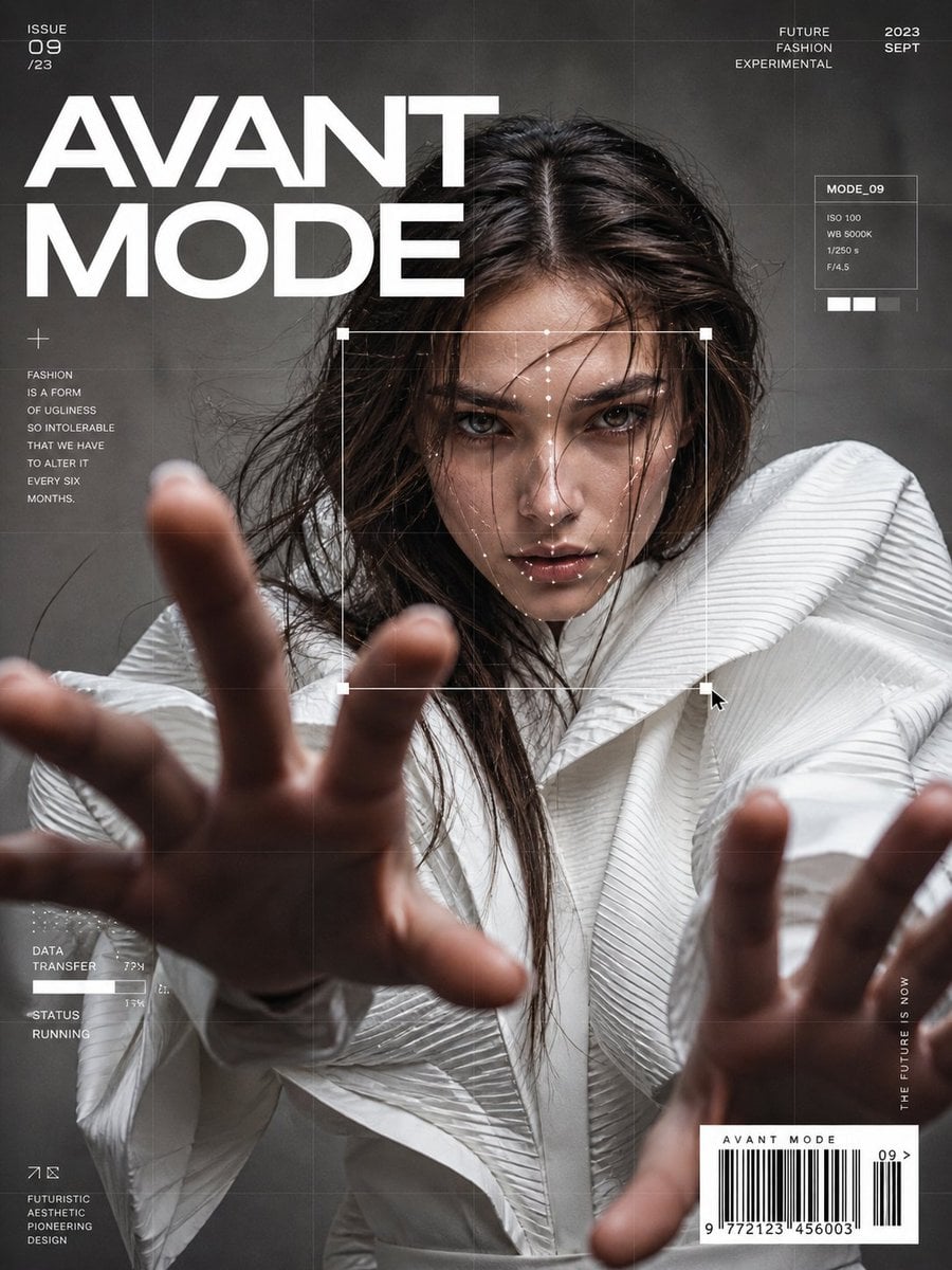 Ultra-realistic fashion editorial portrait of a confident...
