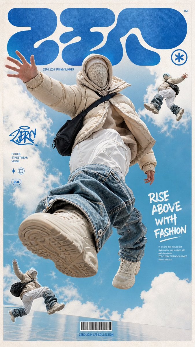 一张高端潮流街头服装海报,画面主体是一位无脸的未来感模特漂浮跳跃在天空中,穿着超大号米色羽绒服、层叠兜帽和针织面罩...