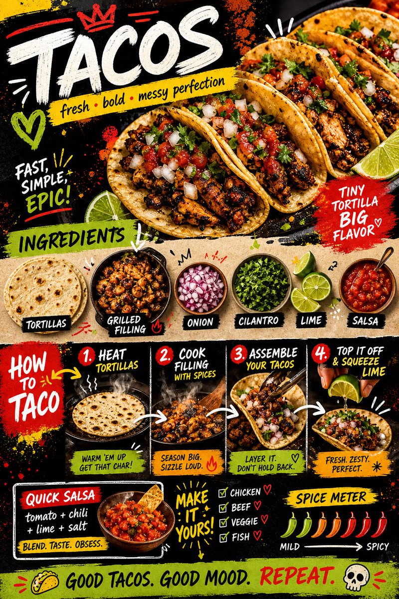 Create a bold, vibrant, street-style recipe card for “Tac...