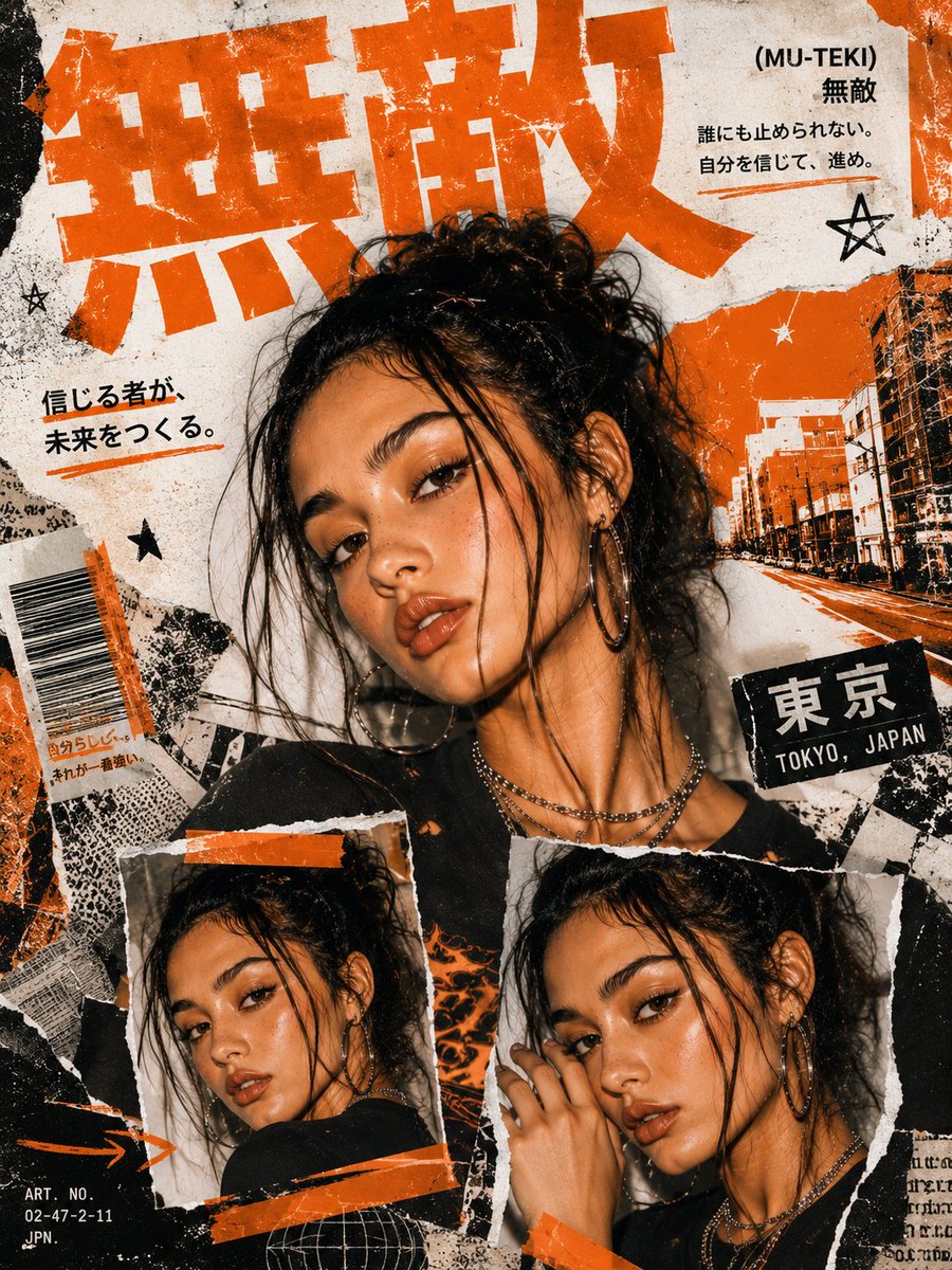Create a bold Y2K Japanese street-editorial collage poste...
