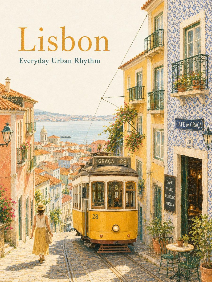 Dreamy vintage travel poster illustration of Lisbon, Port...