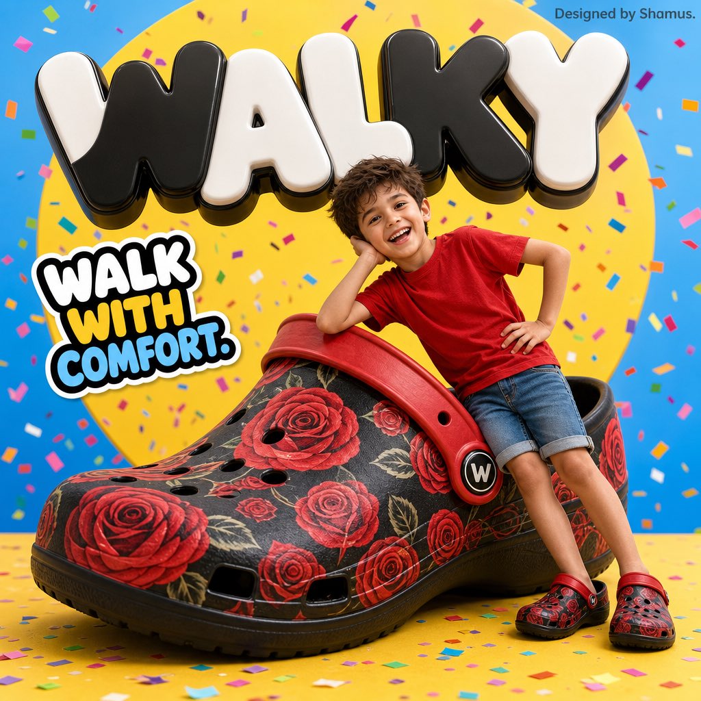 A vibrant children’s shoe advertisement poster featuring ...