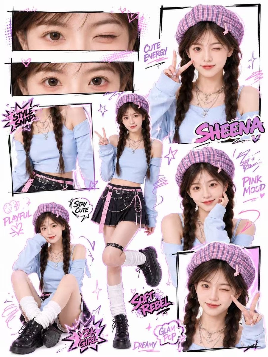 Create a high-quality Y2K kawaii street-style collage pos...