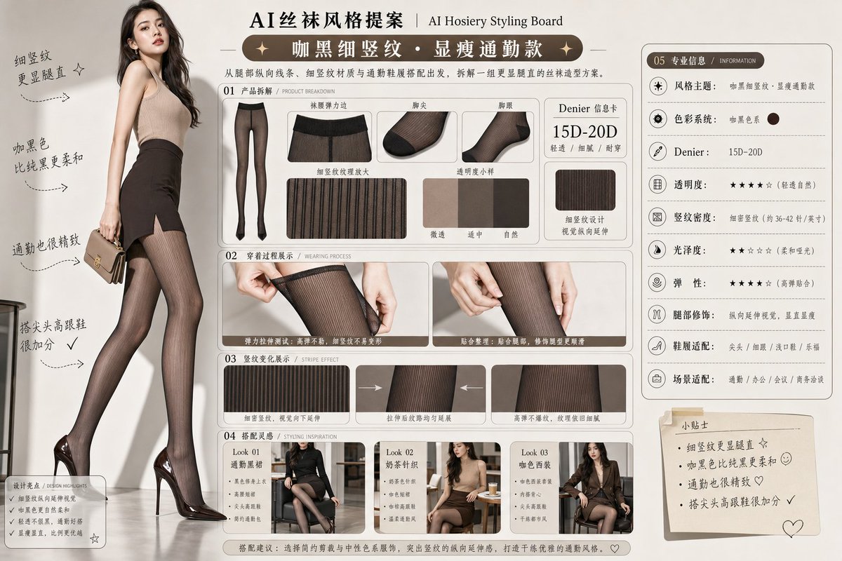 请生成一张横向 4:3 的中文版「AI丝袜风格提案 / AI Hosiery Styling Board」图片。