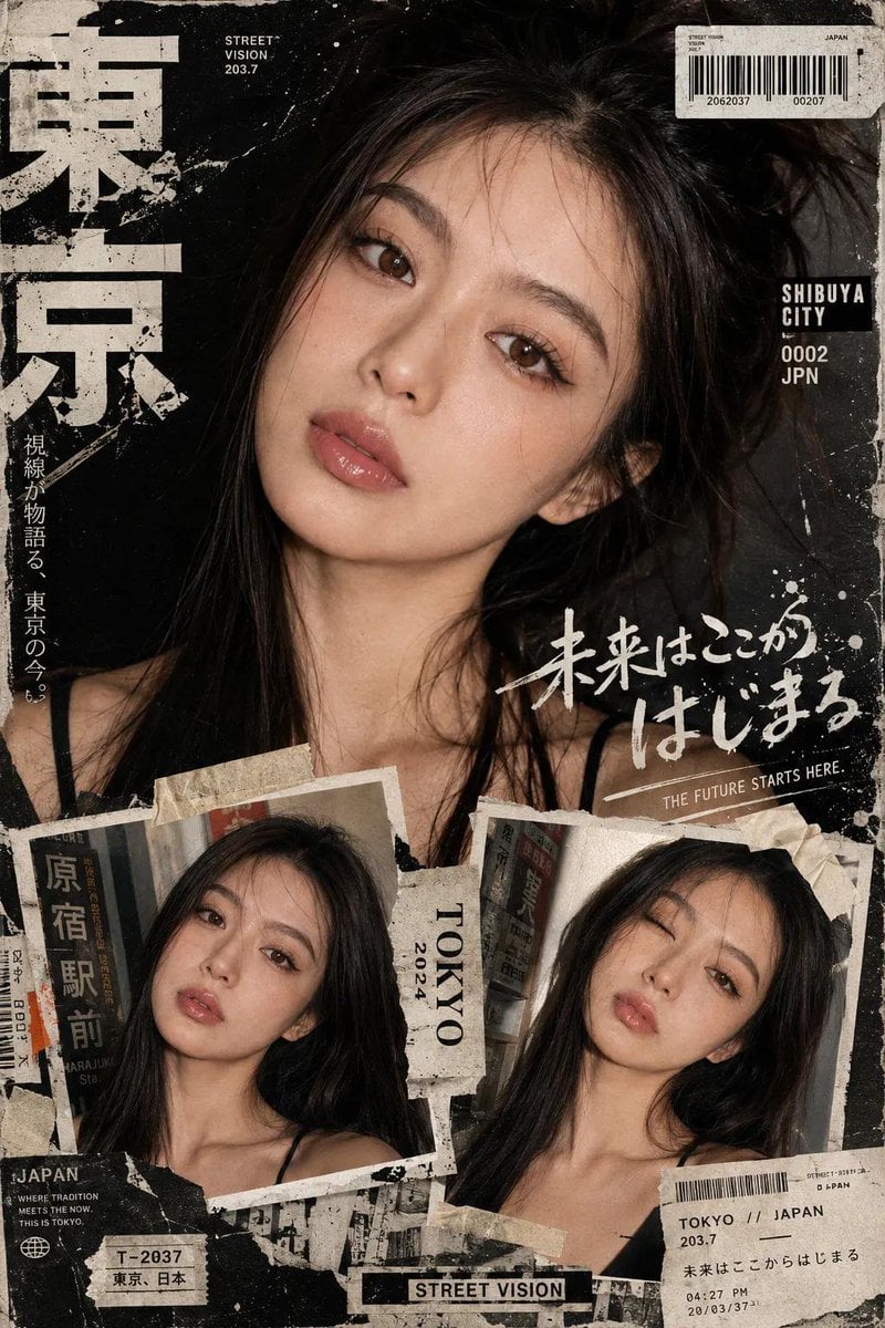 Create a bold Y2K Japanese street-editorial collage poste...