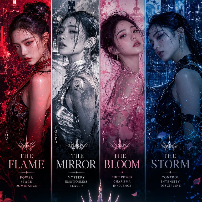Ultra-premium K-pop comeback concept featuring a four-mem...