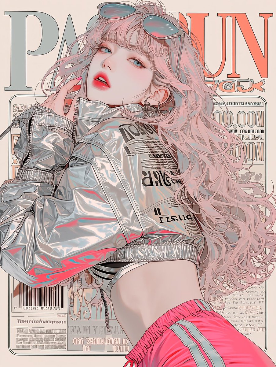 A magazine cover design featuring a [여/남], wearing a meta...