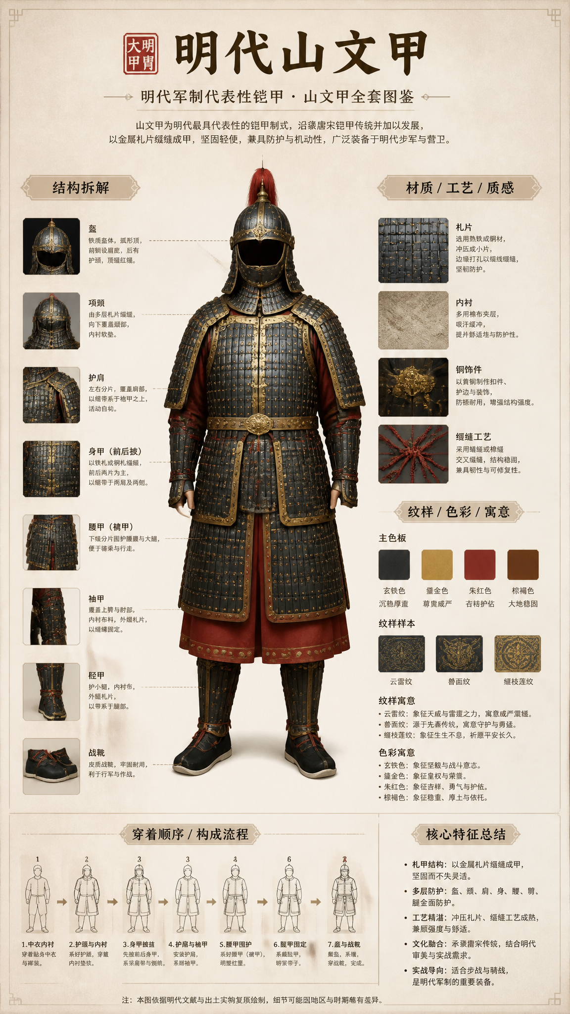 请根据明代甲胄自动生成一张[博物馆图鉴式中文拆解信息图]。