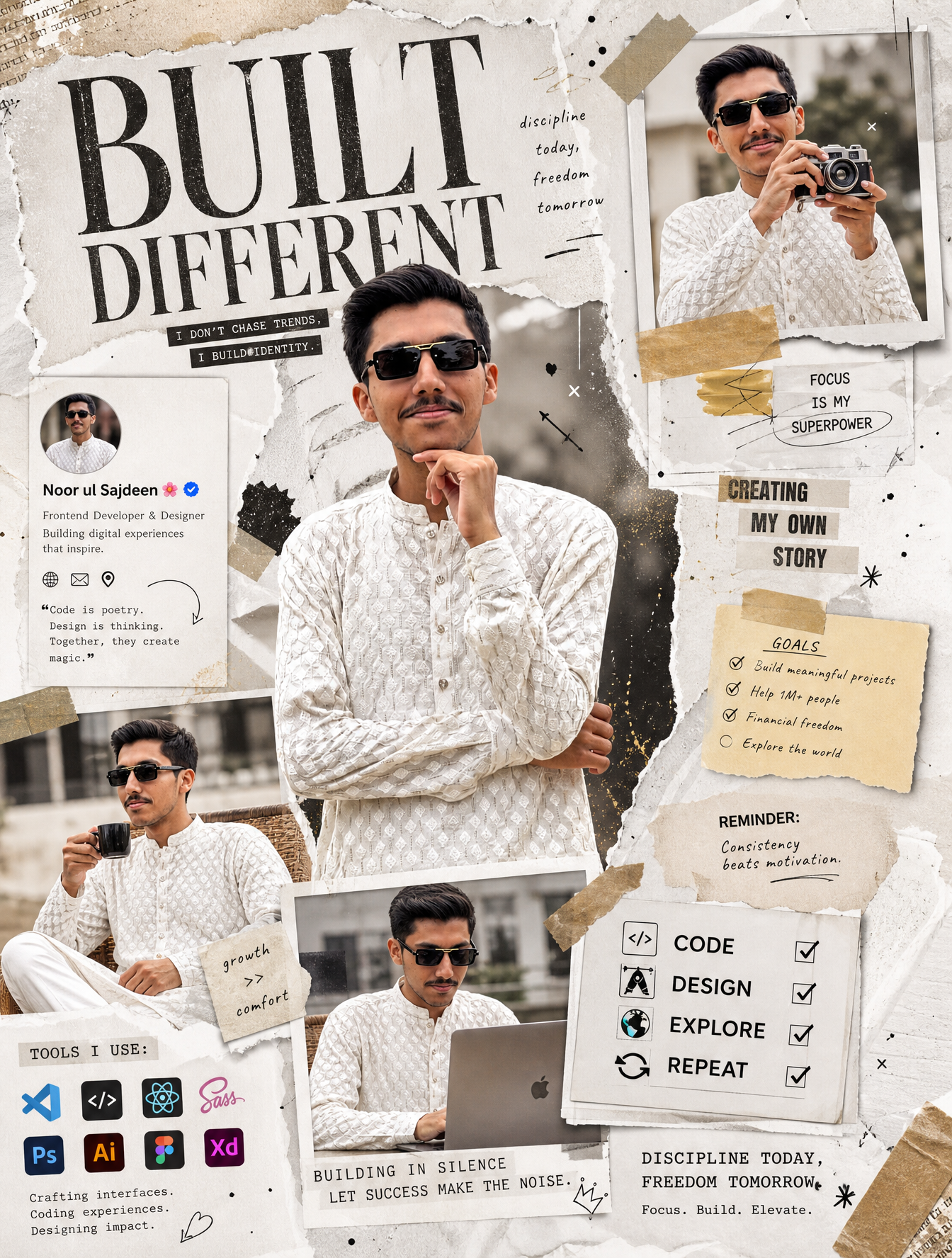 A bold, editorial-style digital collage in a monochrome w...