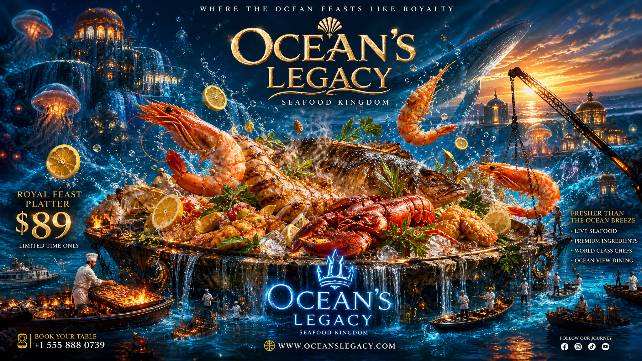 Create an insanely cinematic seafood restaurant advertisi...