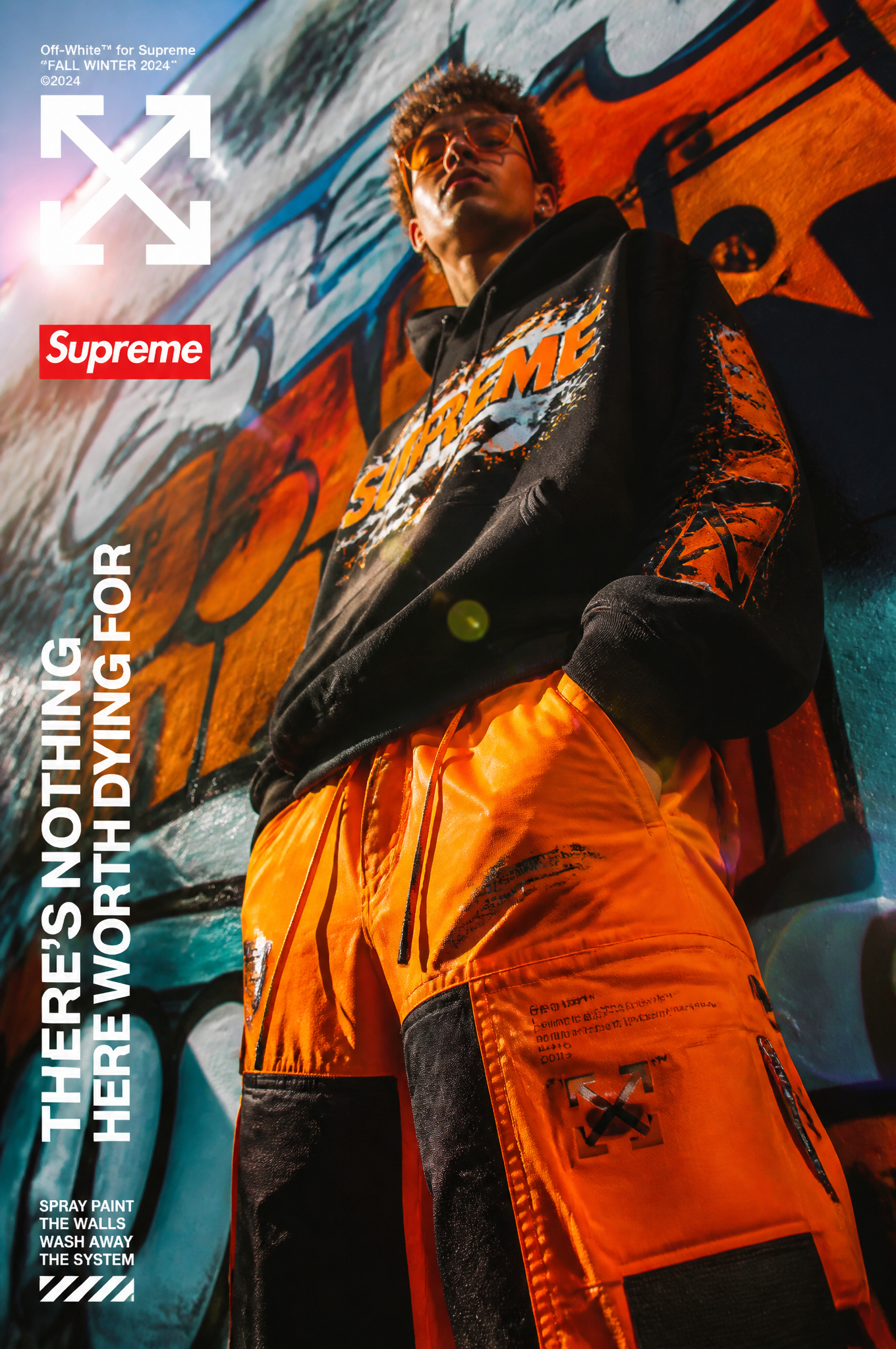 A bold urban streetwear editorial campaign poster, a youn...