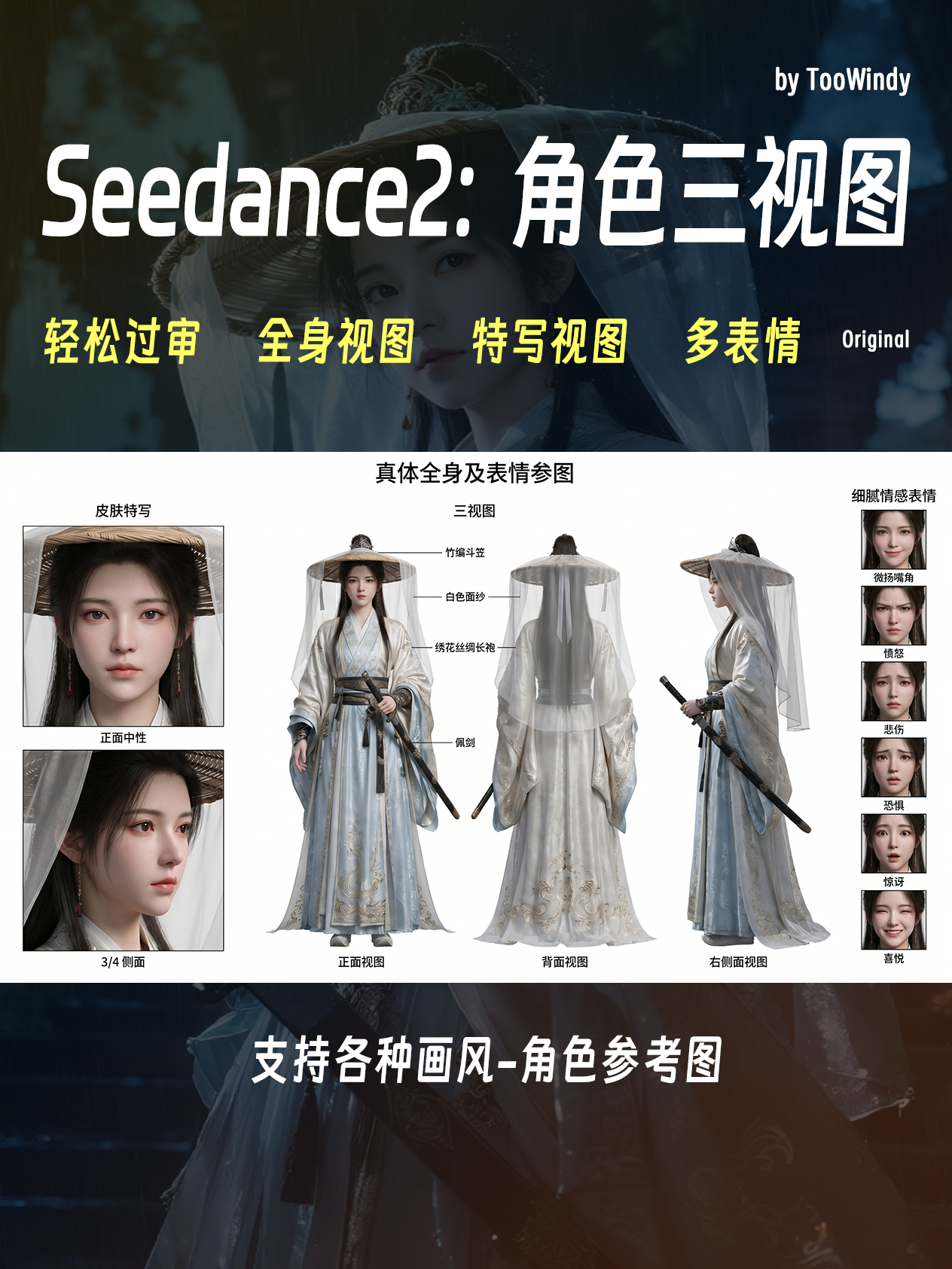 Seedance2：角色三视图+表情特写