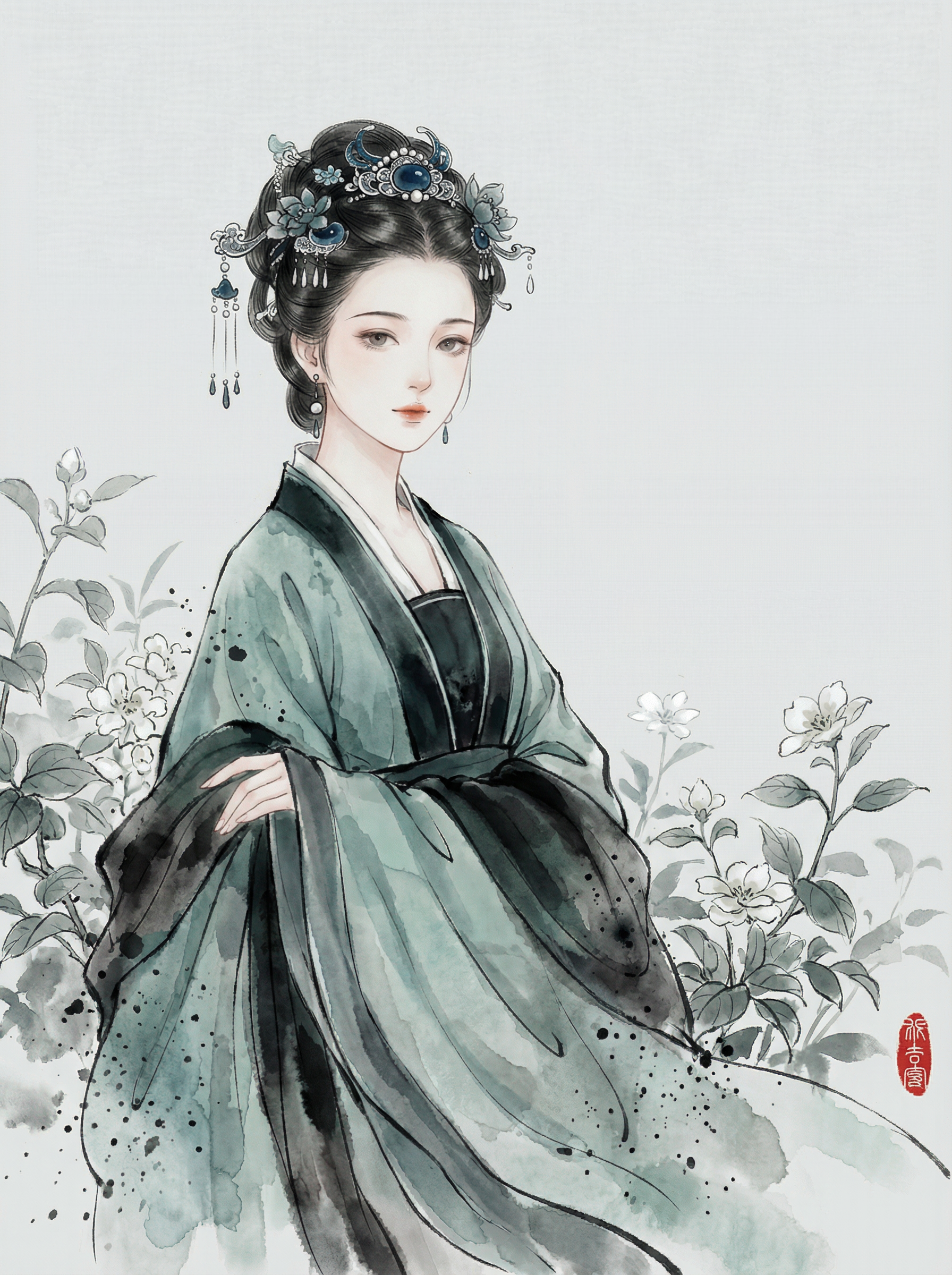青色水墨人物