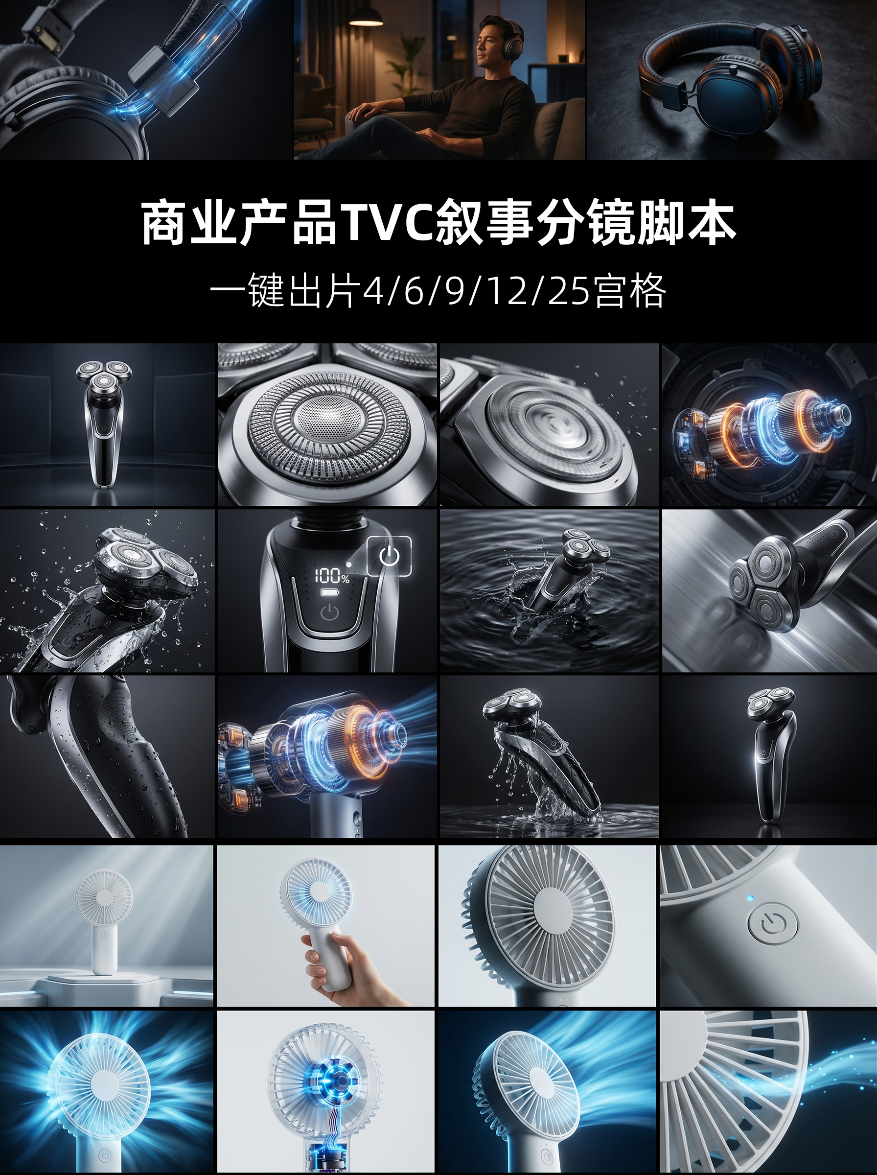 一键商业产品广告9宫格多宫格TVC分镜