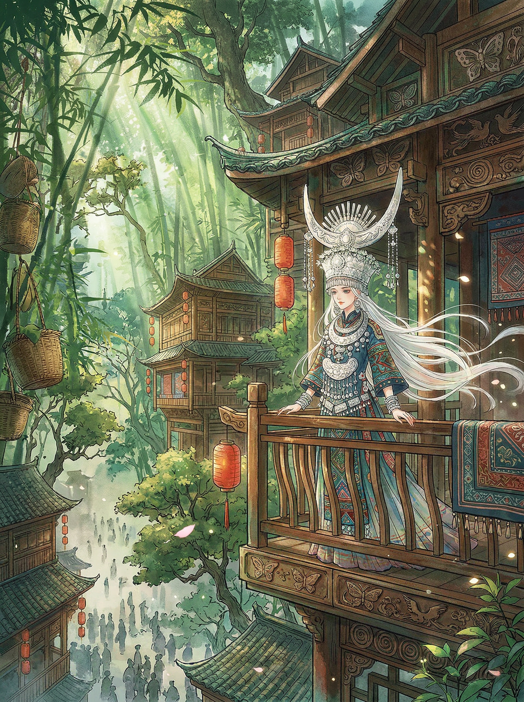 水韵·惊鸿💚古风水彩广角意境诗意插画
