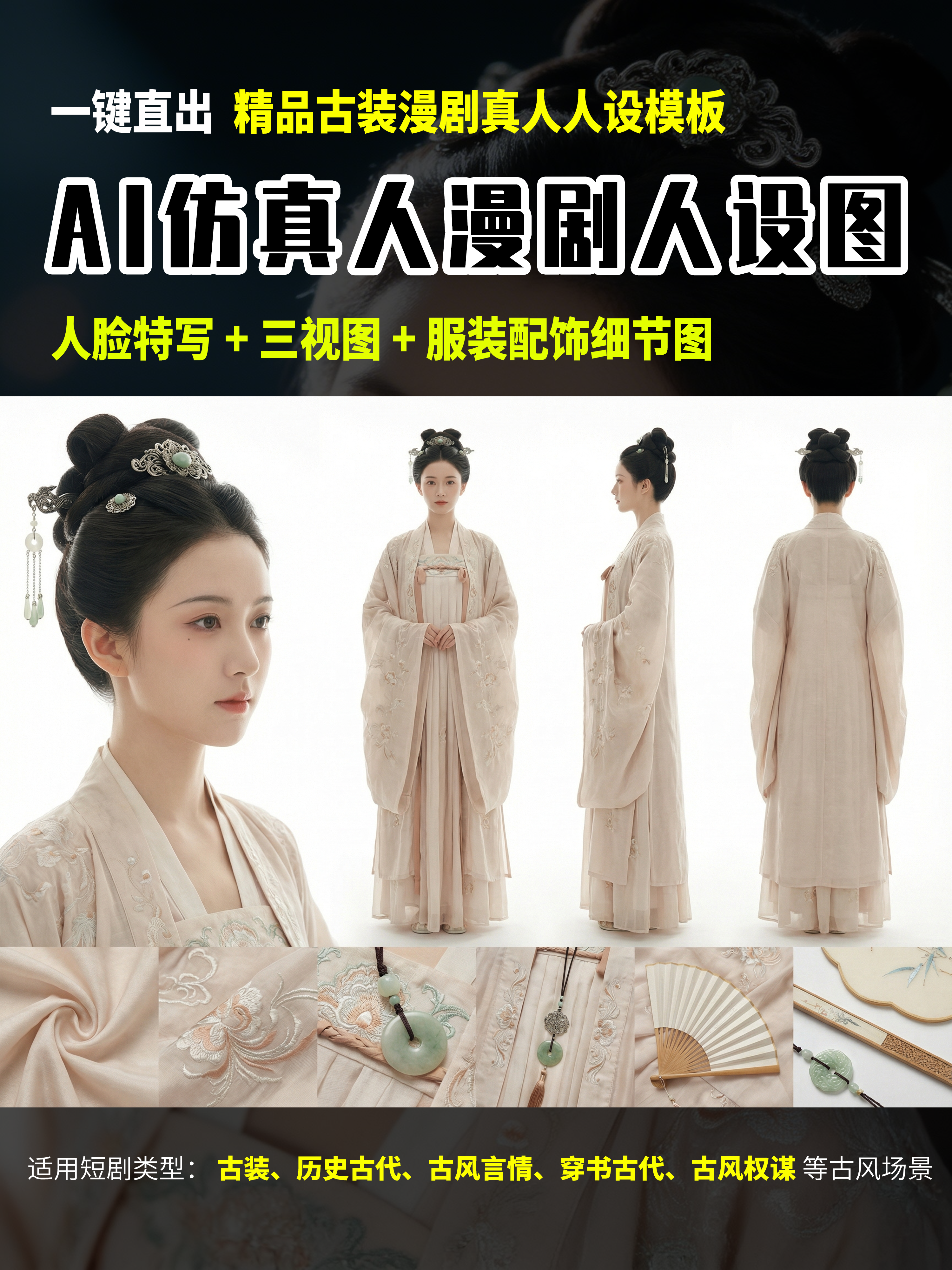 AI漫剧仿真人——一键古装角色人设细节图