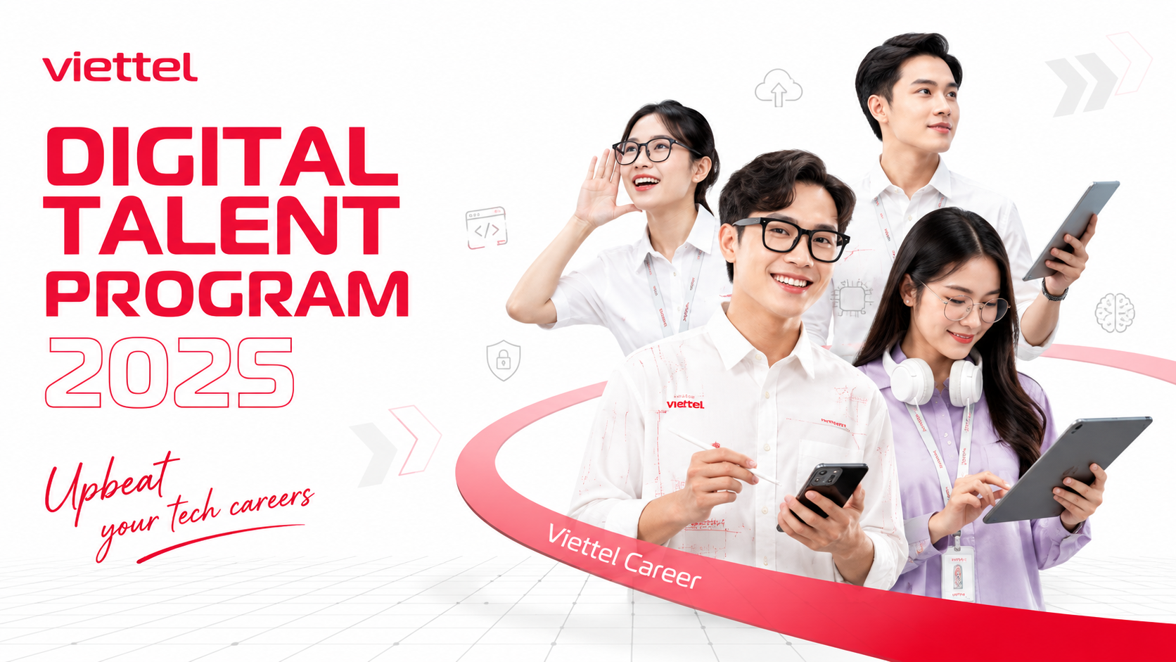 Create a wide 16:9 corporate recruitment campaign banner on a bright whi