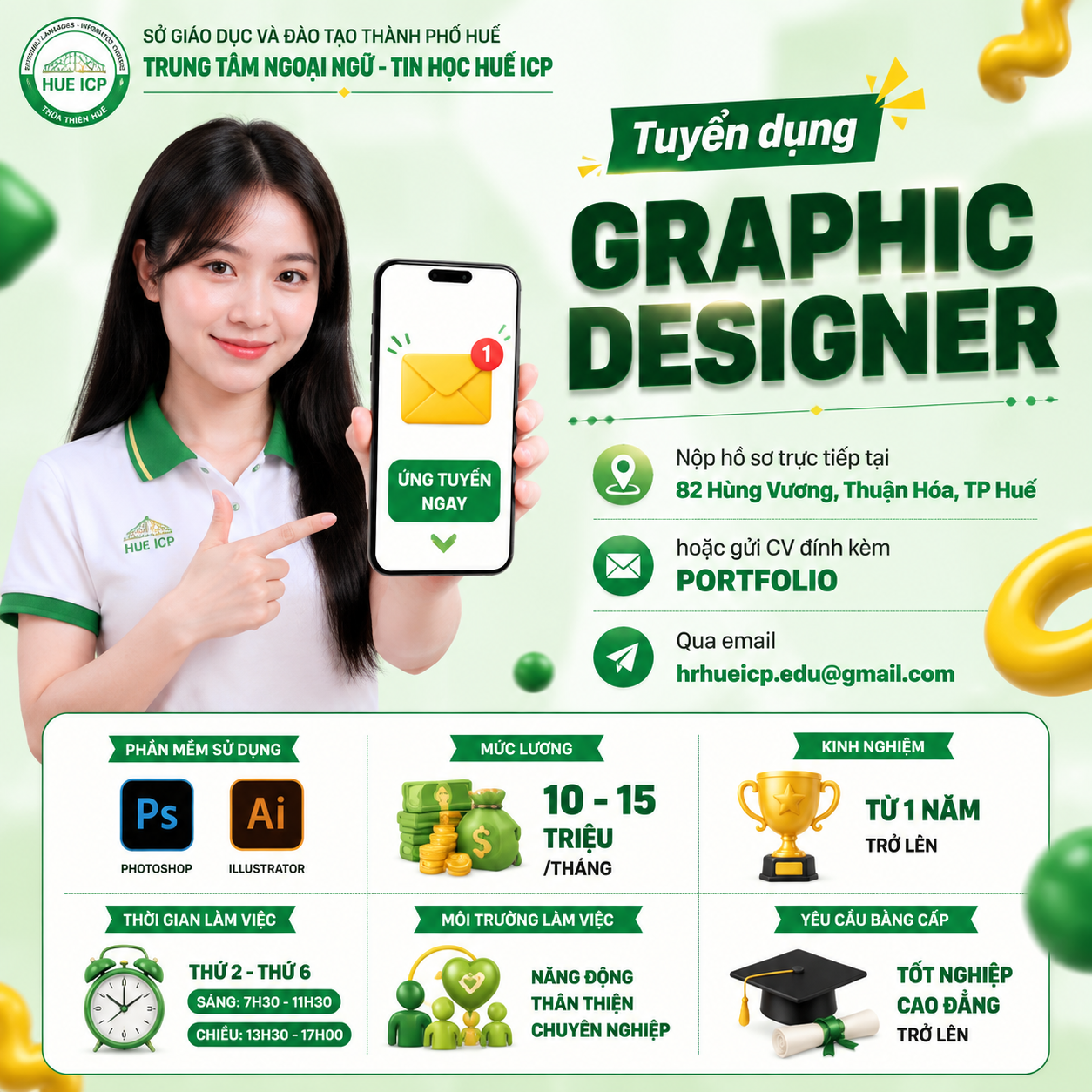 Create a square Vietnamese recruitment advertisement poster on a pale mi