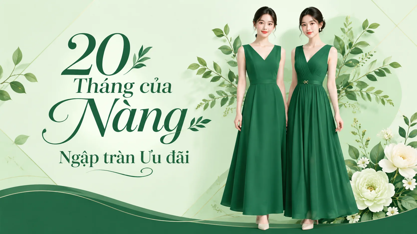 Create an extra-wide Vietnamese fashion promotion banner with two young